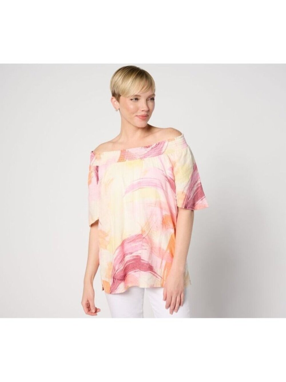 Denim & Co. Women Top Sz XL Naturals Linen Blend Flutter Sleeve Pink A644117